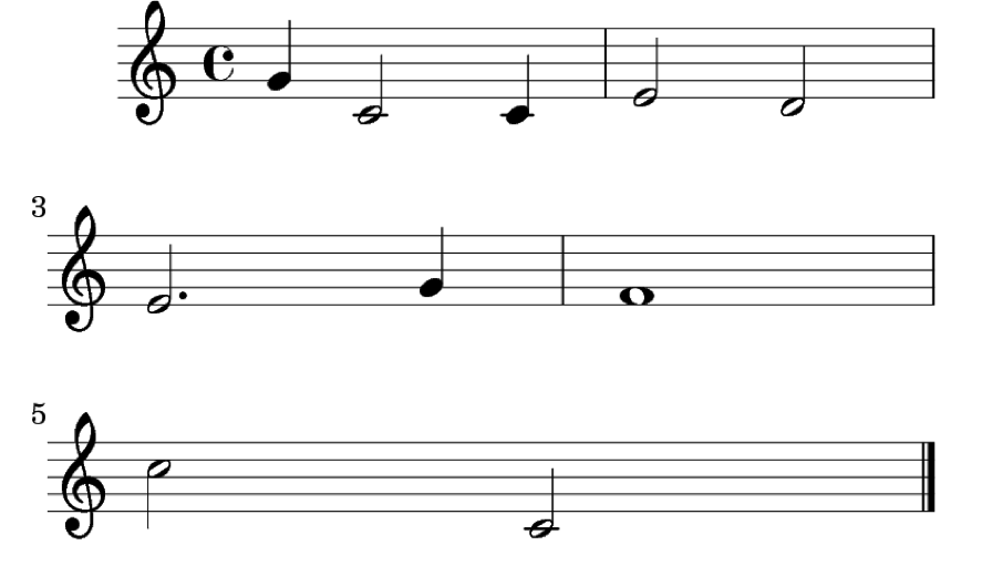 Partitura de 5 compases con diferentes figuras rítmicas