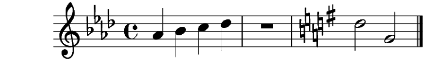 Partitura de 3 compases, en la cual se cambia de armadura al inicio del compas 3