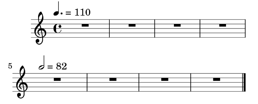 Partitura donde muestra 2 tempos, uno de 110bpm por negra con puntillo, y 82bpm por blanca