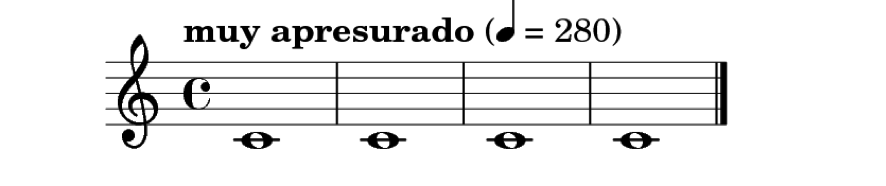 Partitura donde muestra una expresión personalizada que es "muy apresurado" con tempo de 280bpm por negra