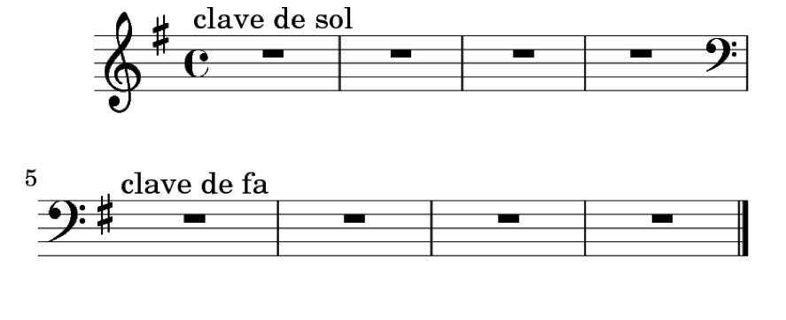 Partitura con ejemplos de cambios de clave de sol a fa