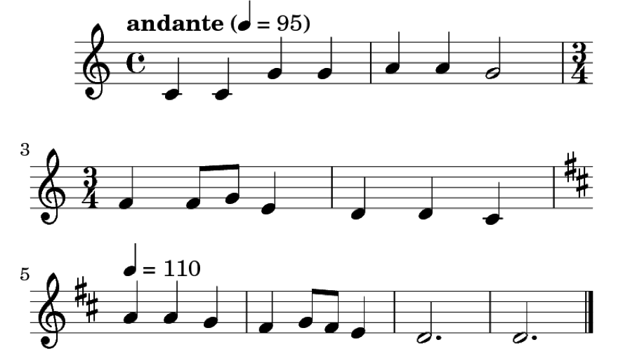Partitura de 8 compases, donde se coloca una expresión "andante" y 95bpm por negra, cambia de tonalidad a re mayor y pasa a tener 110bpm por negra