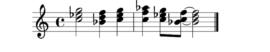 Partitura de 2 compases mostrando diferentes acordes con distintas duraciones, incluyendo un acorde ligado
