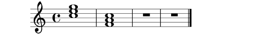 Partitura de 4 compases, en los 2 primeros hay en cada uno, un acorde distinto