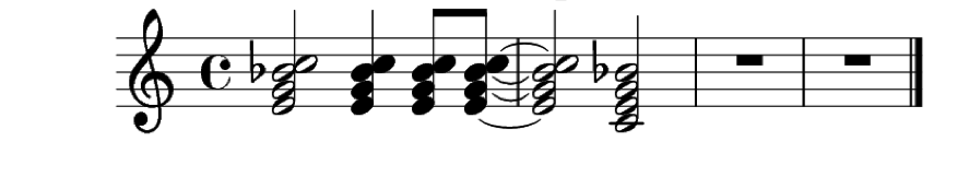 Partitura de 4 compases donde en los primeros 2 se muestran una serie de acordes con diferentes valores ritmicos