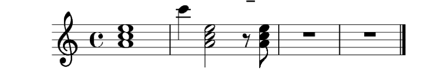 Partitura de 4 compases con acordes, notas de paso y silencios incluidos