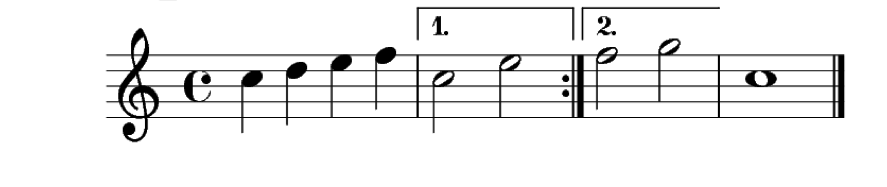 Partitura de 4 compases donde se ejemplifica las repeticiones con finales alternativos