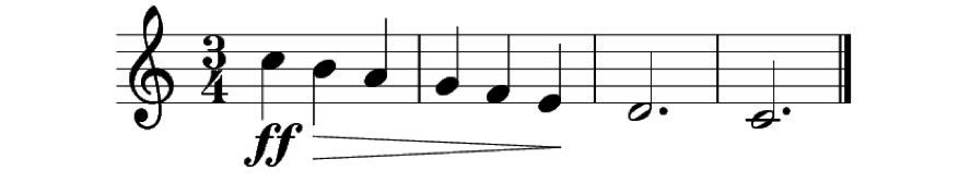 Partitura de 4 compases en 3/4 donde hay un decrescendo desde fortissimo