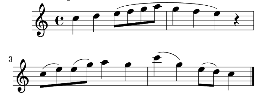 Partitura de 4 compases con ligaduras de expresión o fraseo